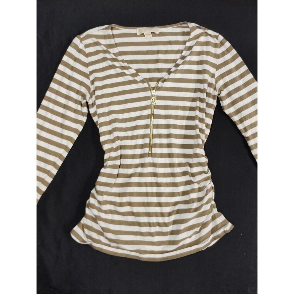 Michael Kors Striped V-Neck Zip Front Women’s Top - Khaki & White